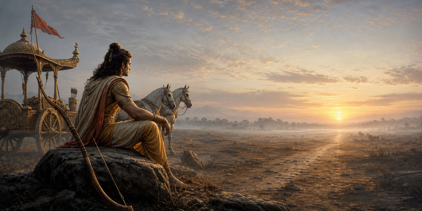 Arjuna pauses beside his bow while his waiting chariot and a sunlit path remain ahead of him.