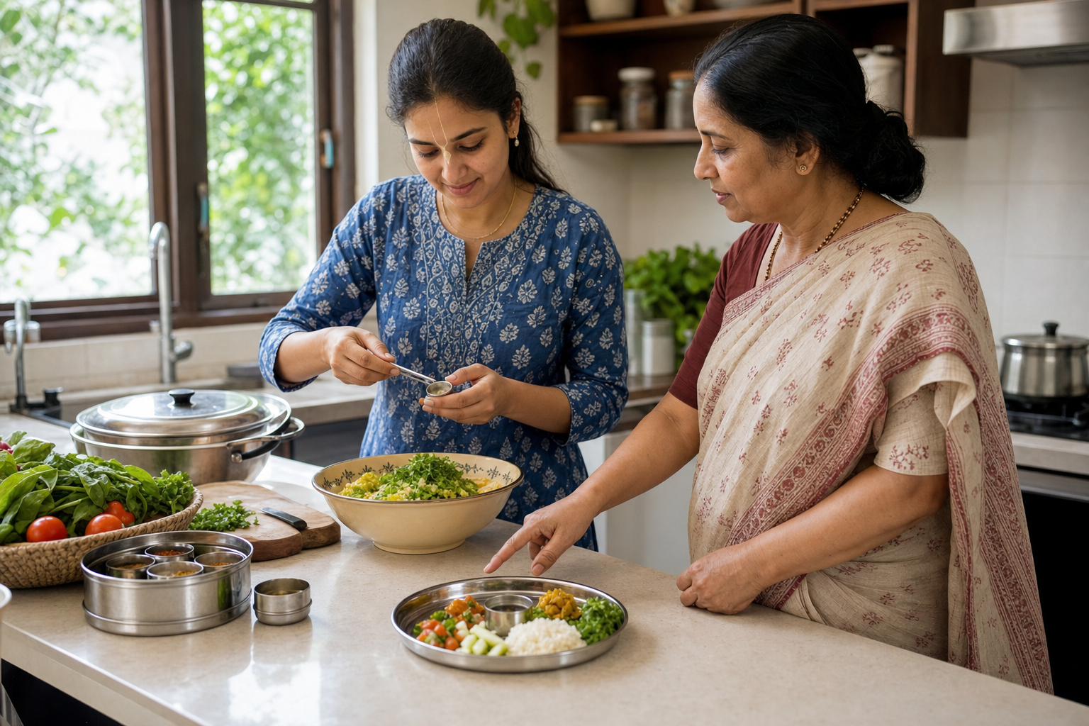 An experienced practitioner guides a younger adult preparing vegetarian food beside clean utensils and a separate offering plate.