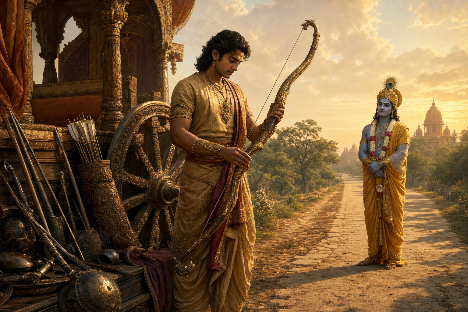 Arjuna lifts his own bow beside a chariot as Krishna watches calmly from nearby.