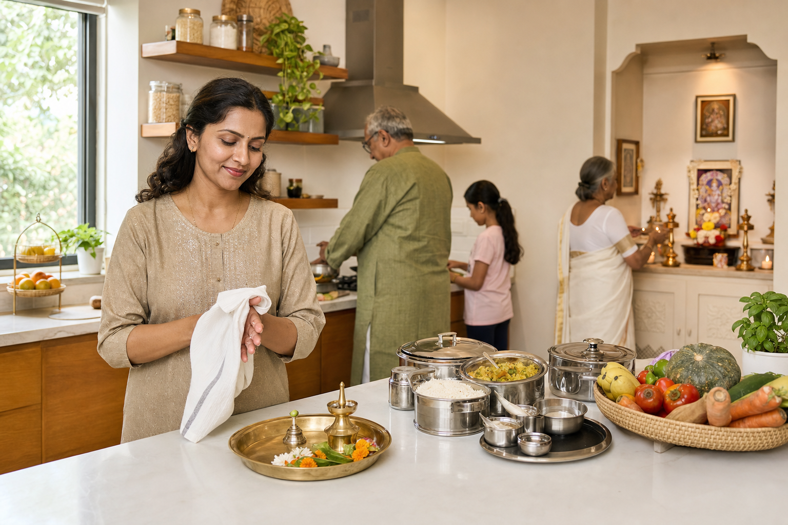 A household works in a clean kitchen with covered vegetarian dishes, separate utensils, and a brass offering plate.