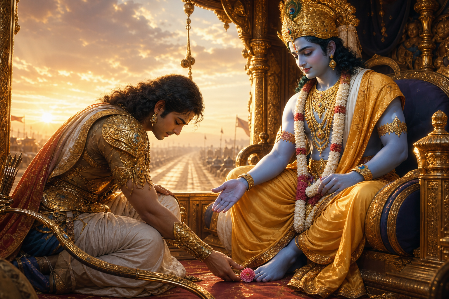 Arjuna places a flower at Krishna's feet in the chariot while his bow rests ready beside him.