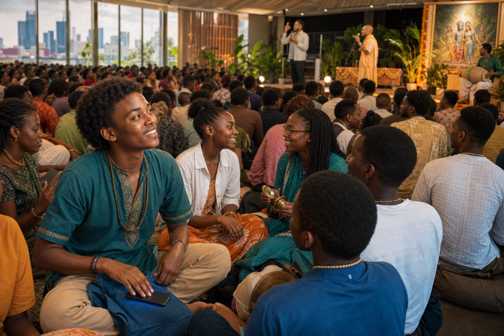 Young Kenyan adults gather at a Nairobi youth festival as a smiling attendee looks up from a dark smartphone toward friends and the stage.