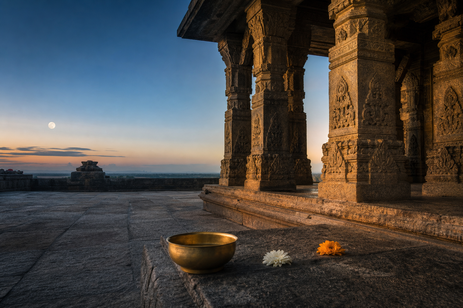 A temple courtyard shifts from predawn blue to golden morning light as a pale waning moon nears the horizon.