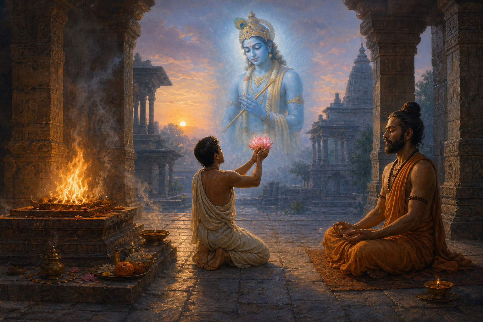 A fire ritual and a meditating yogi frame a devotee offering a lotus before a luminous blue-toned divine figure in a temple courtyard.