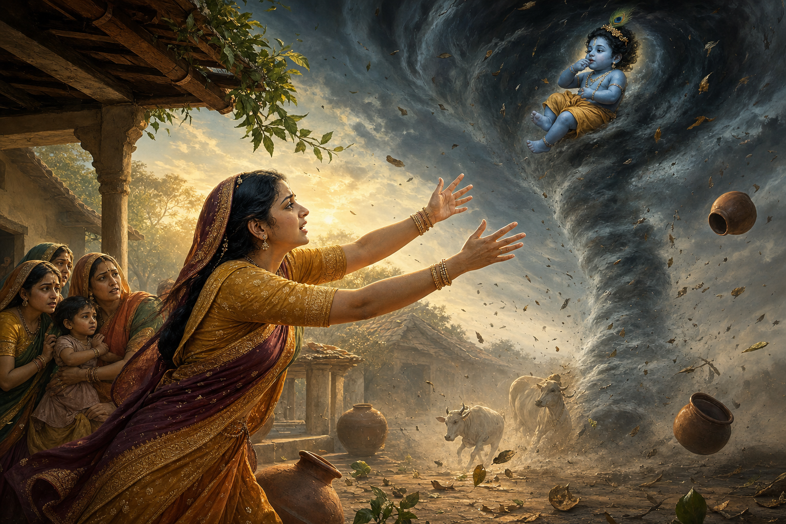 Mother Yasoda reaches for infant Krishna as a dark whirlwind rises over a Vraja courtyard and villagers take shelter.