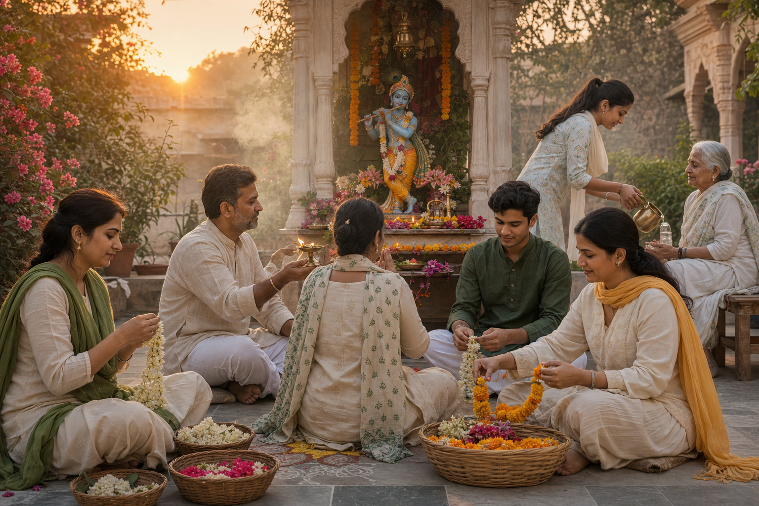 A multigenerational group worships and serves one another around a flower-adorned Krishna altar in a temple courtyard at dawn.
