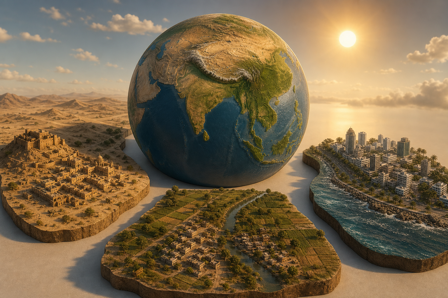 A globe centered on India is surrounded by three miniature landscapes where sunlight creates different shadows.
