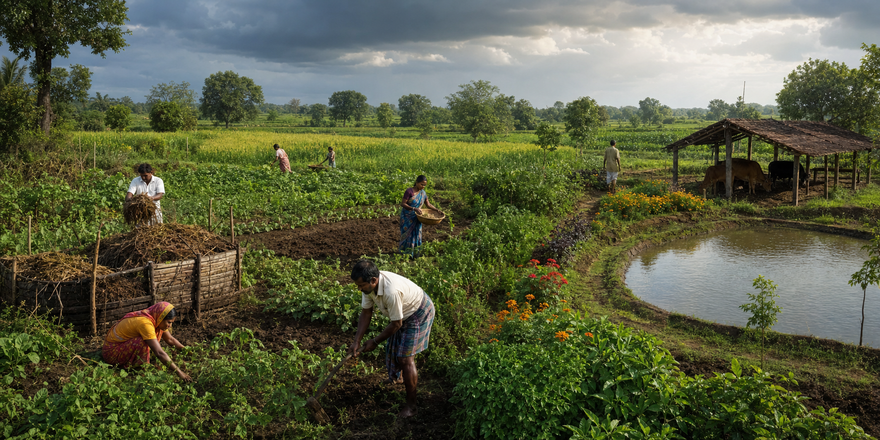 Farmers work on a diversified smallholding with crop plots, fruit trees, contour bunds, livestock, compost, and a rainwater pond after monsoon rain.