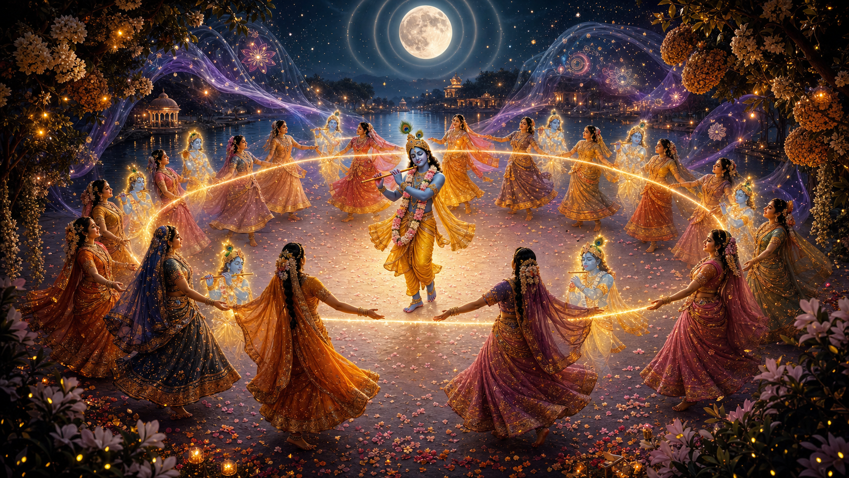 Krishna plays the flute at the center of a moonlit Raas dance with the Gopis beside the Yamuna in Vrindavan.