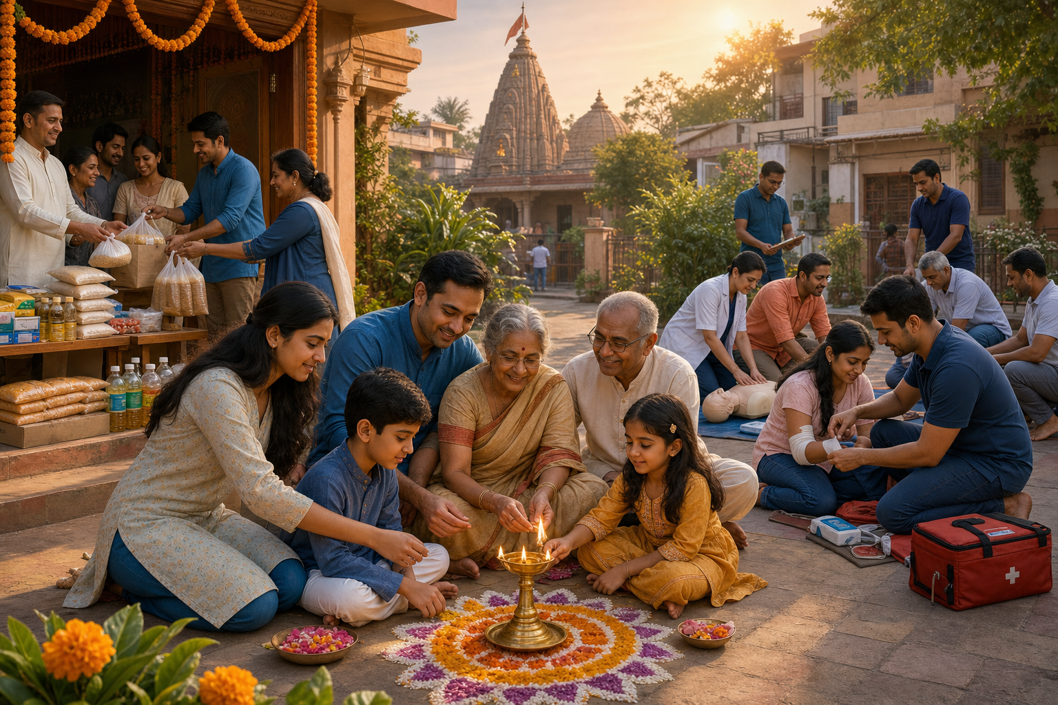 A multigenerational Indian family, community volunteers, and neighbors practicing first aid are connected in a warm scene of unity and preparedness.