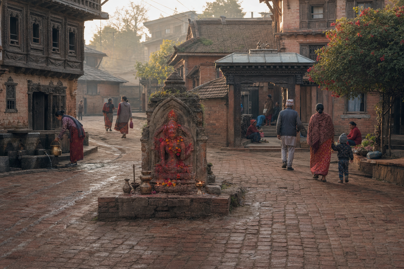 A small guardian goddess shrine with offerings stands at a brick-paved junction among carved Newar houses and a traditional water spout in Kathmandu Valley.