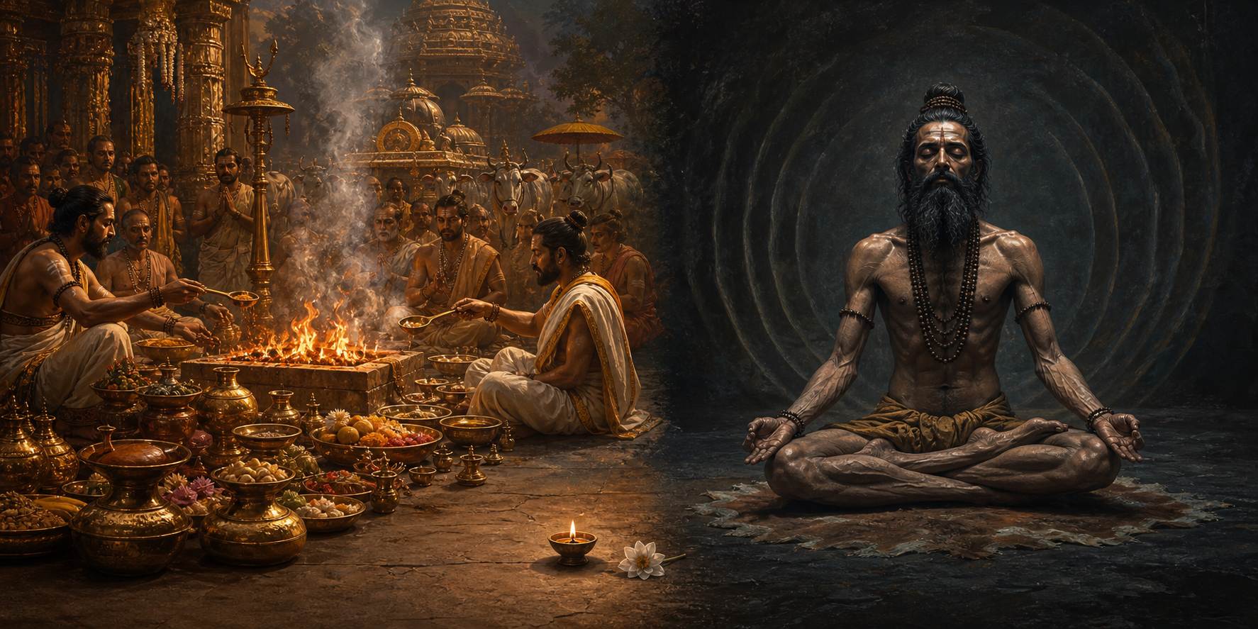 An elaborate fire sacrifice and a solitary ascetic in rigid meditation appear on opposite sides of a small unattended lamp and flower.