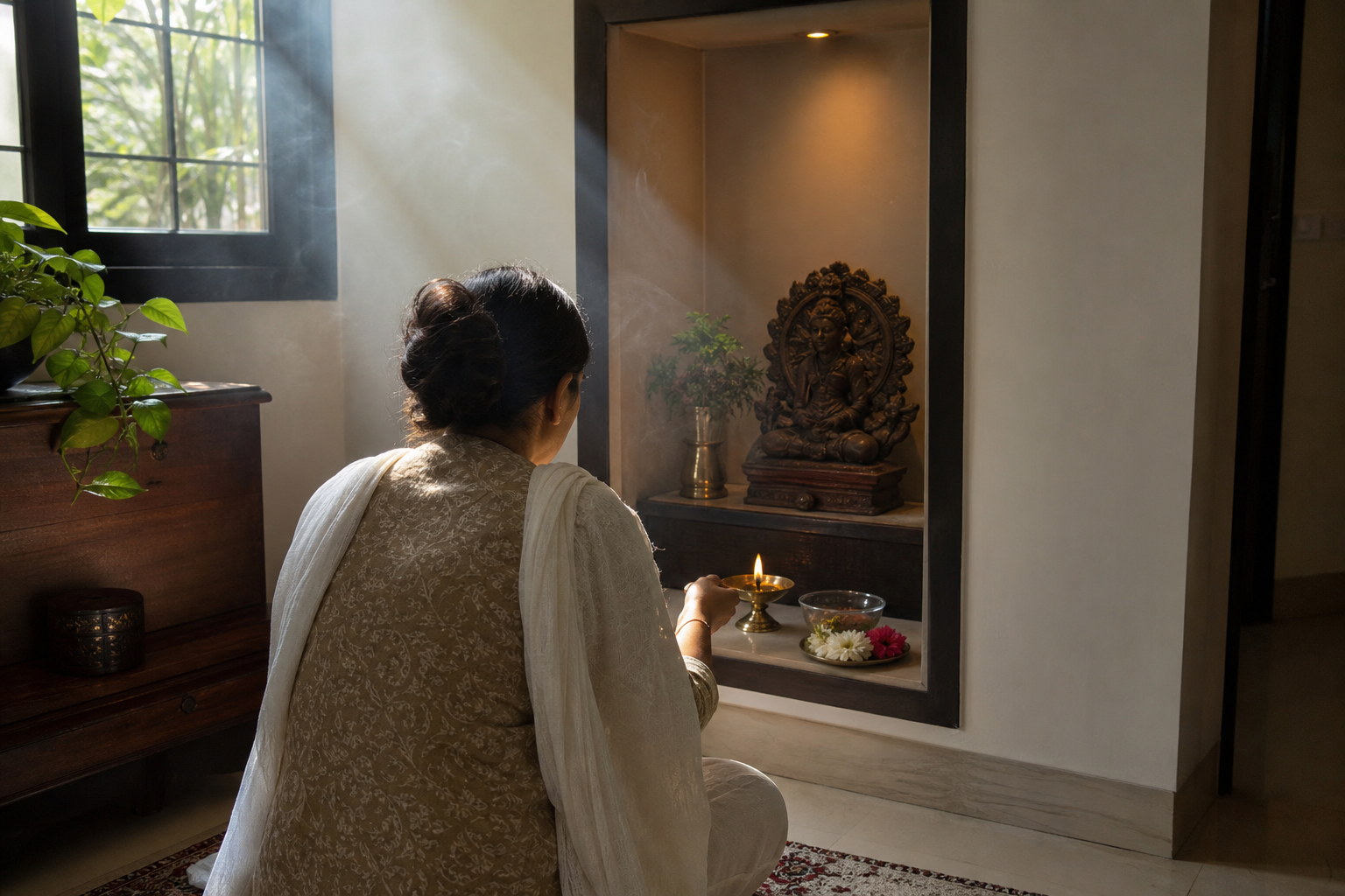 A person lights a brass oil lamp beside water and fresh flowers at a simple home shrine in the morning.
