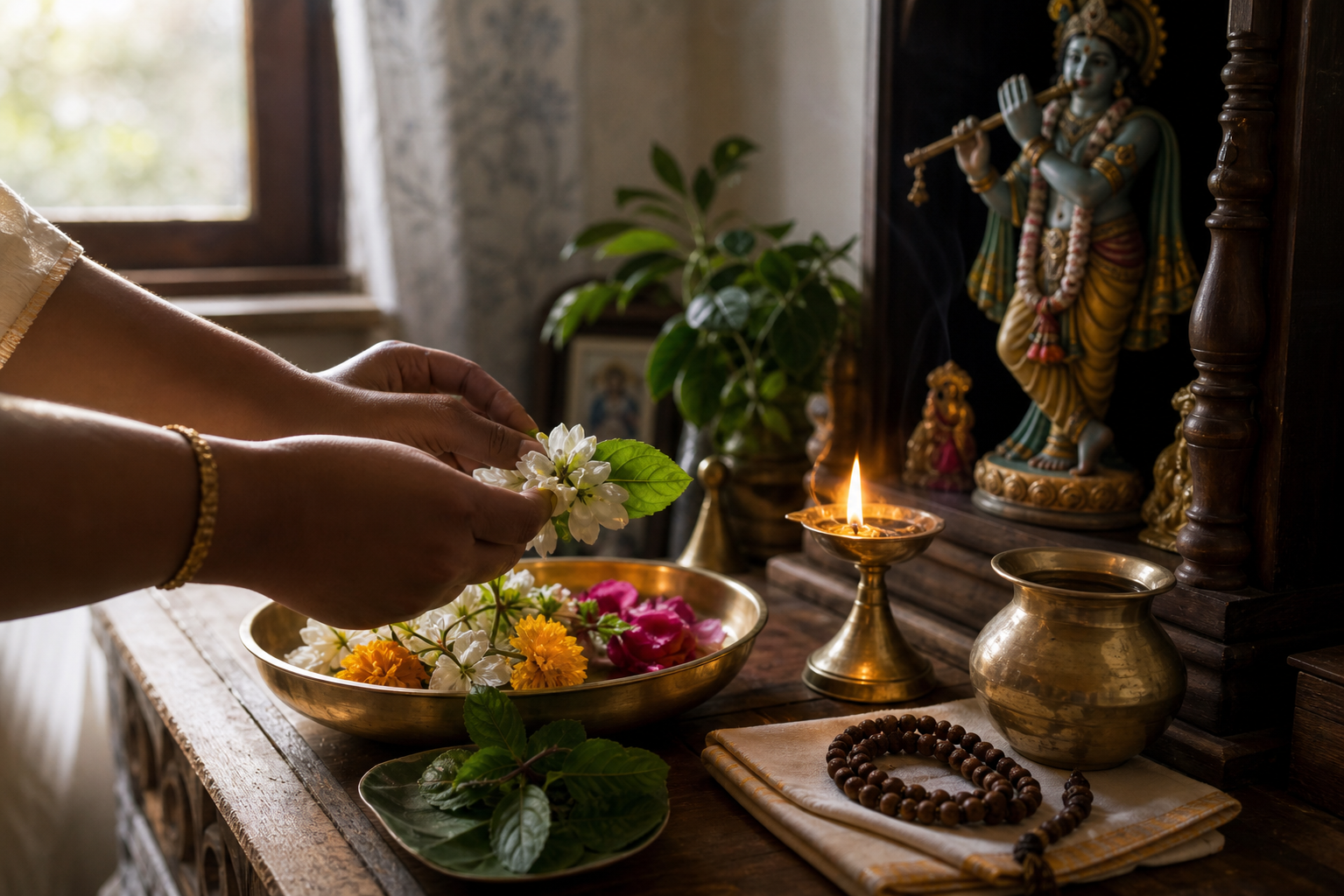 A devotee arranges flowers, tulsi leaves, a brass lamp, water, and prayer beads before a small home altar.