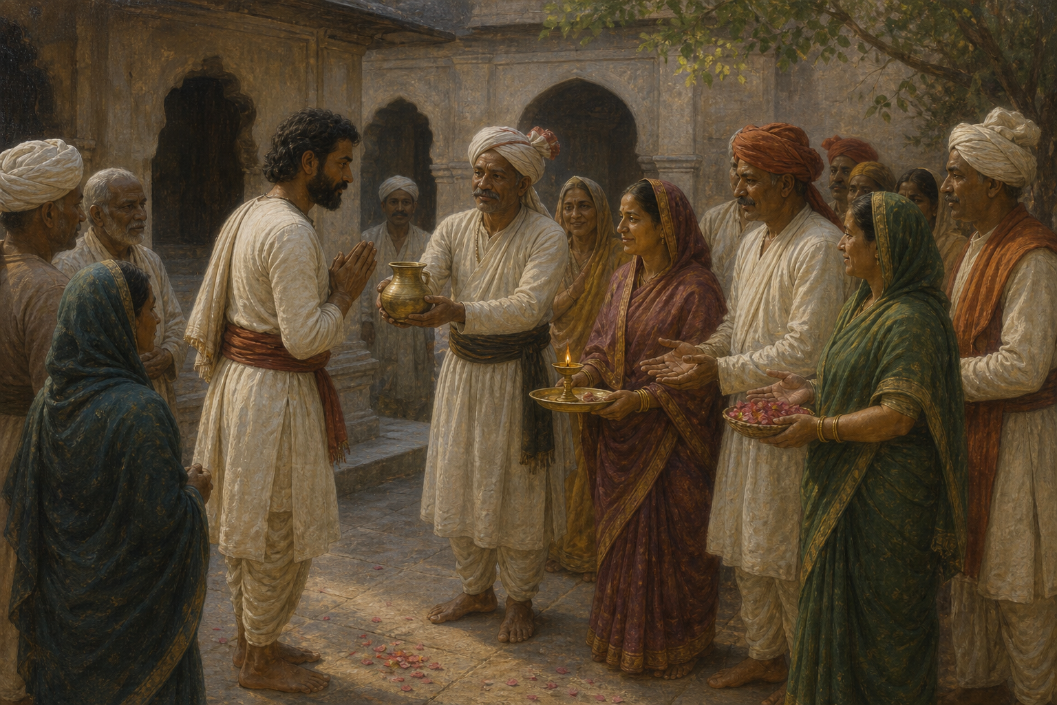 A man is welcomed by relatives and elders during a respectful historical community ceremony in a Maratha courtyard.
