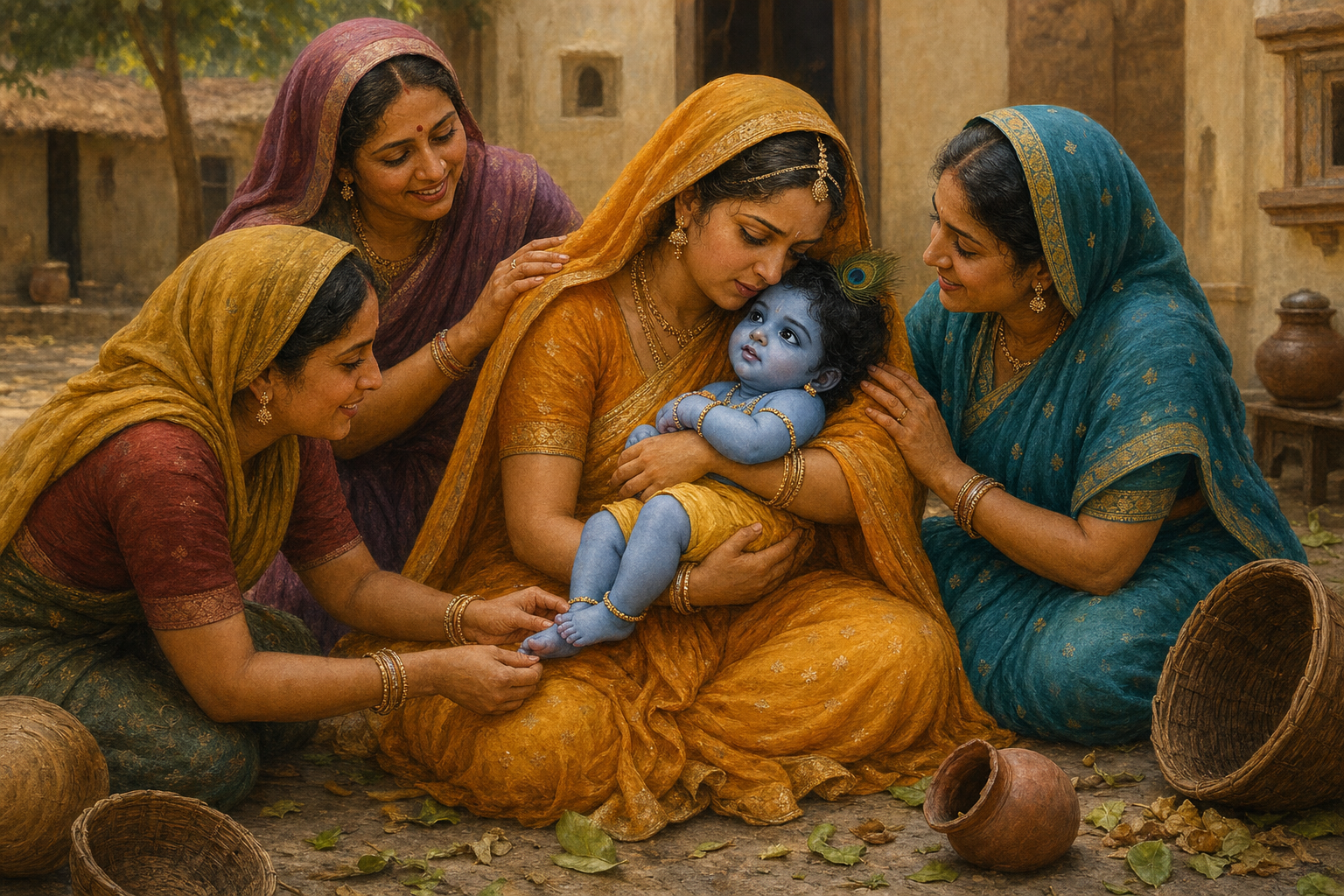 Yasoda holds Krishna protectively while cowherd women gather around them in the courtyard after the storm.
