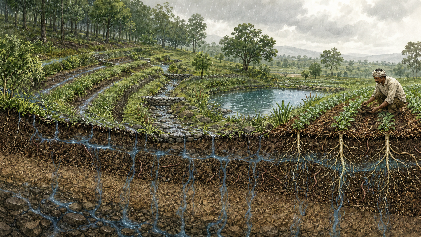 Cross-section of a farm watershed showing rain filtered through trees, contour trenches, stone checks, a pond, mulch, and rooted soil.
