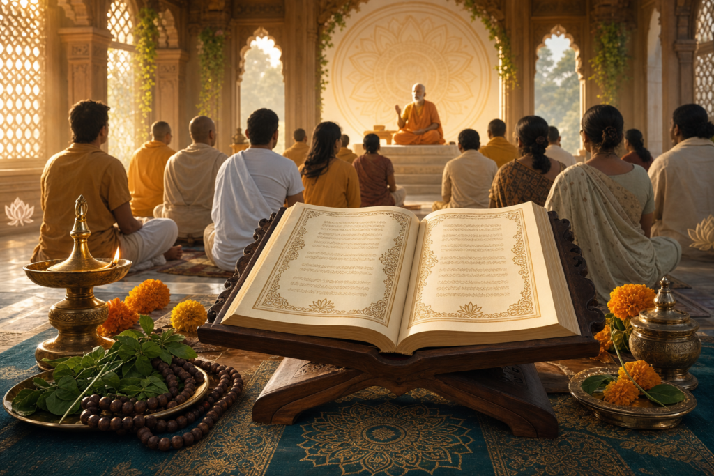 Open Srimad Bhagavatam scripture in a sunlit temple study gathering