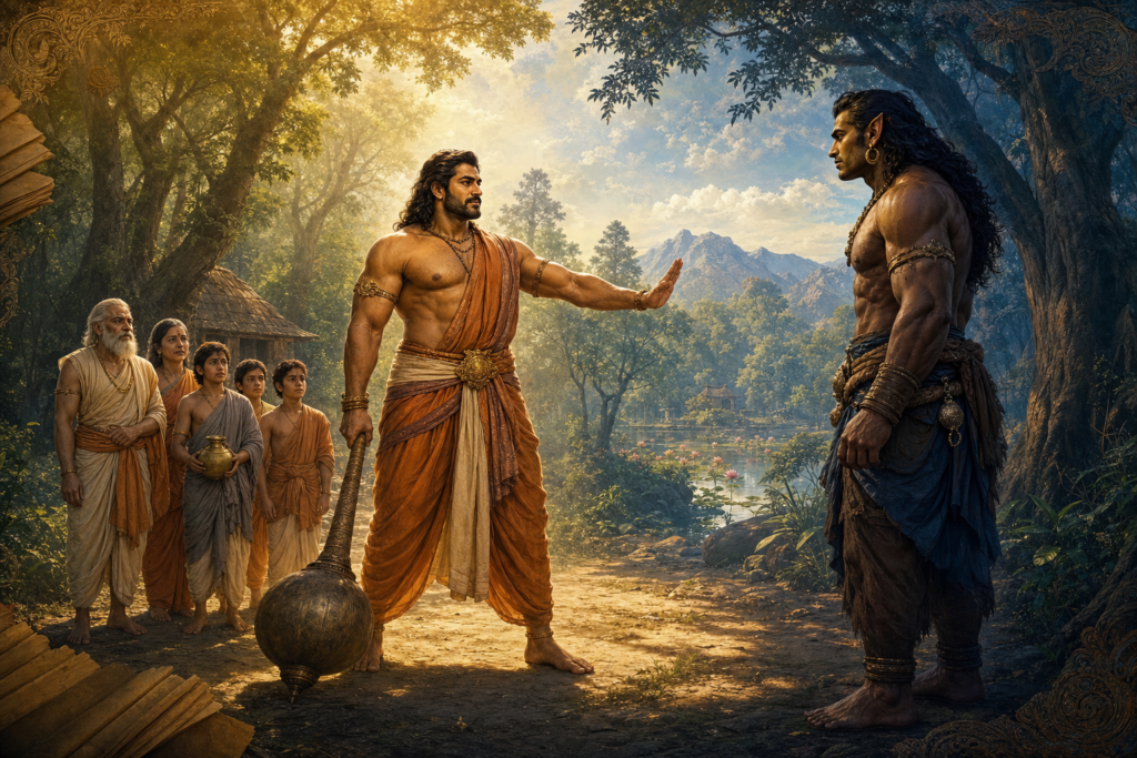 Bhima shields a Brahmin family and restrains Ghatotkacha in a sunlit forest, his mace lowered beside him.
