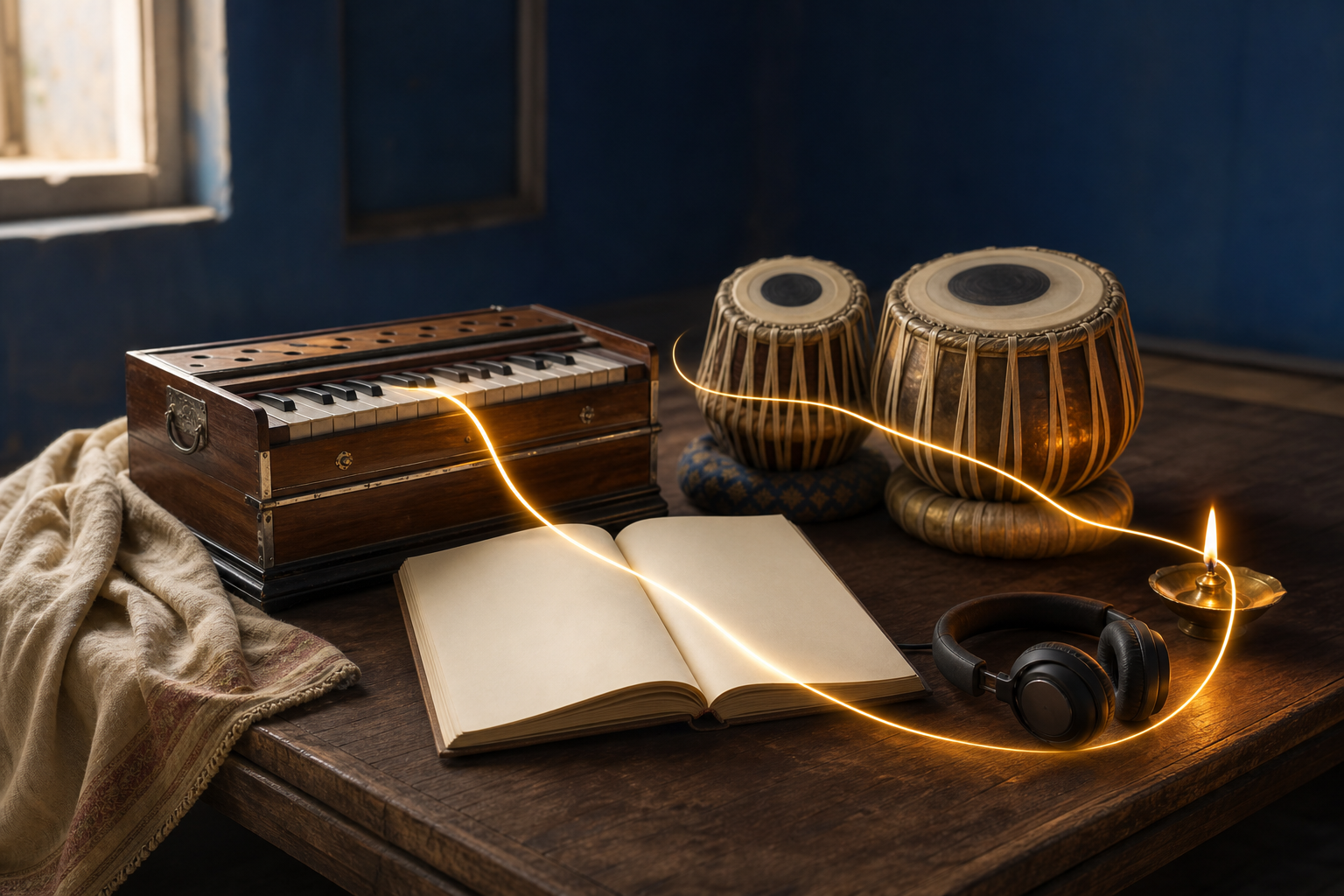 A harmonium, tabla, blank open pages, headphones, and an oil lamp are linked by a strand of golden light.