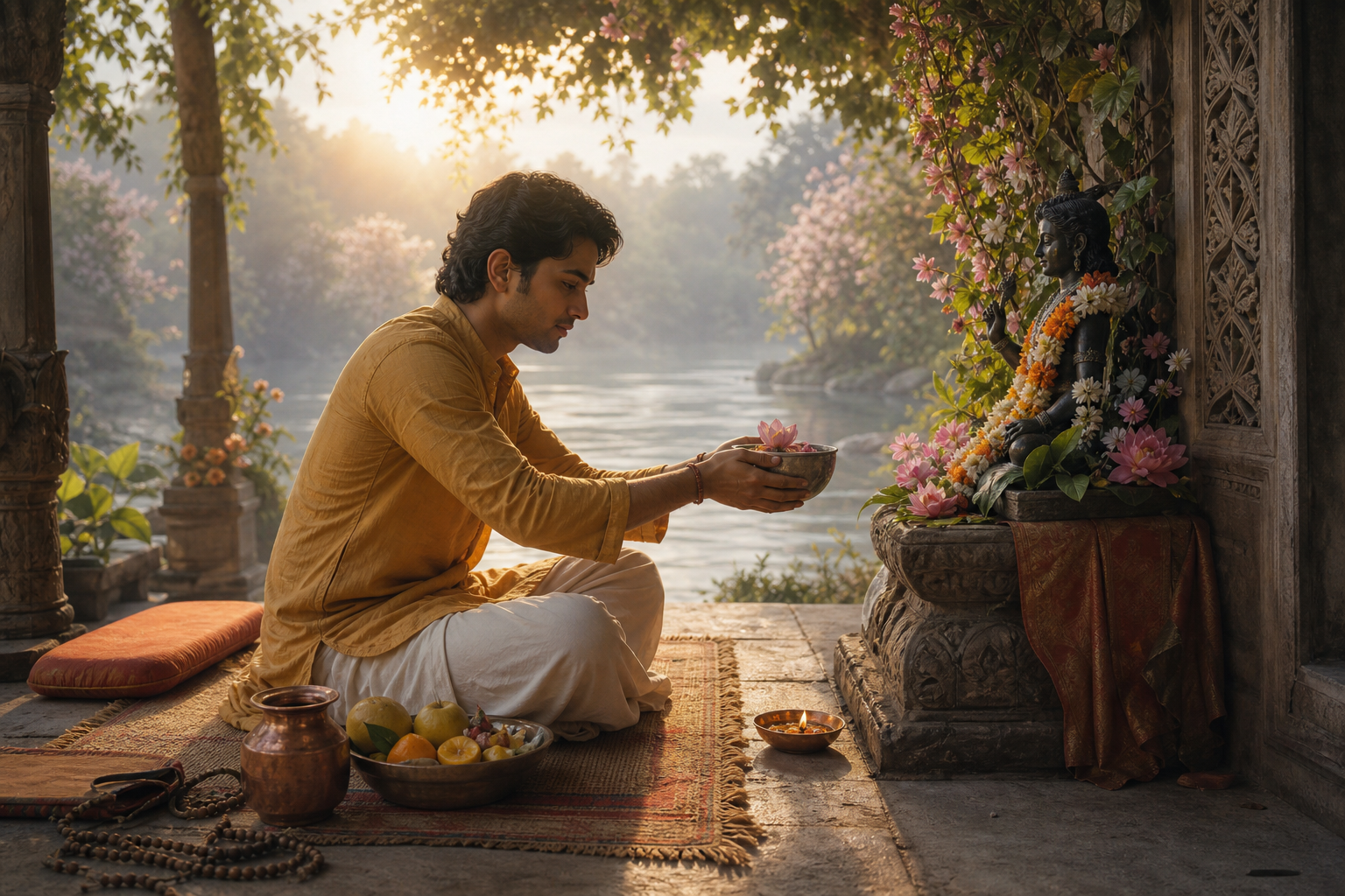 A devotee offers water and flowers at a modest riverside shrine beside a meditation mat, prayer beads, ritual vessel, fruit, and lamp.