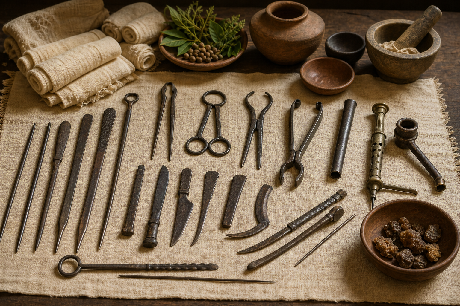 Reconstructed early Indian surgical instruments arranged with cloth bandages, ceramic vessels, and medicinal leaves on a wooden surface.