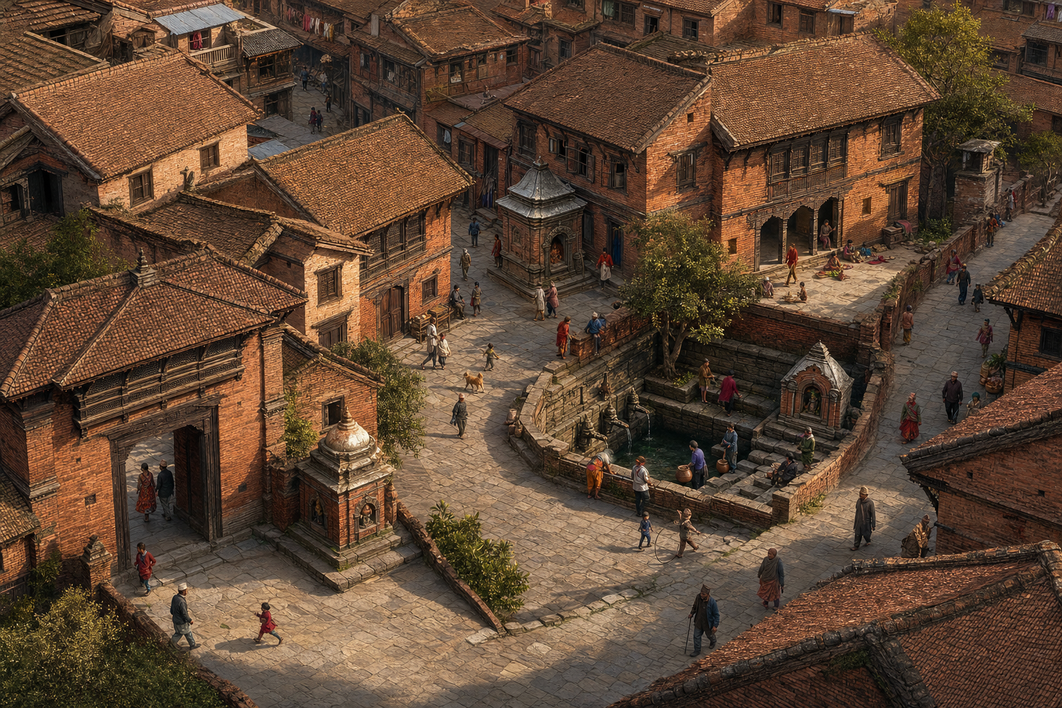 An elevated view of a Newar neighborhood shows guardian shrines positioned at a gateway, crossroads, courtyard, water spout, and settlement edge.