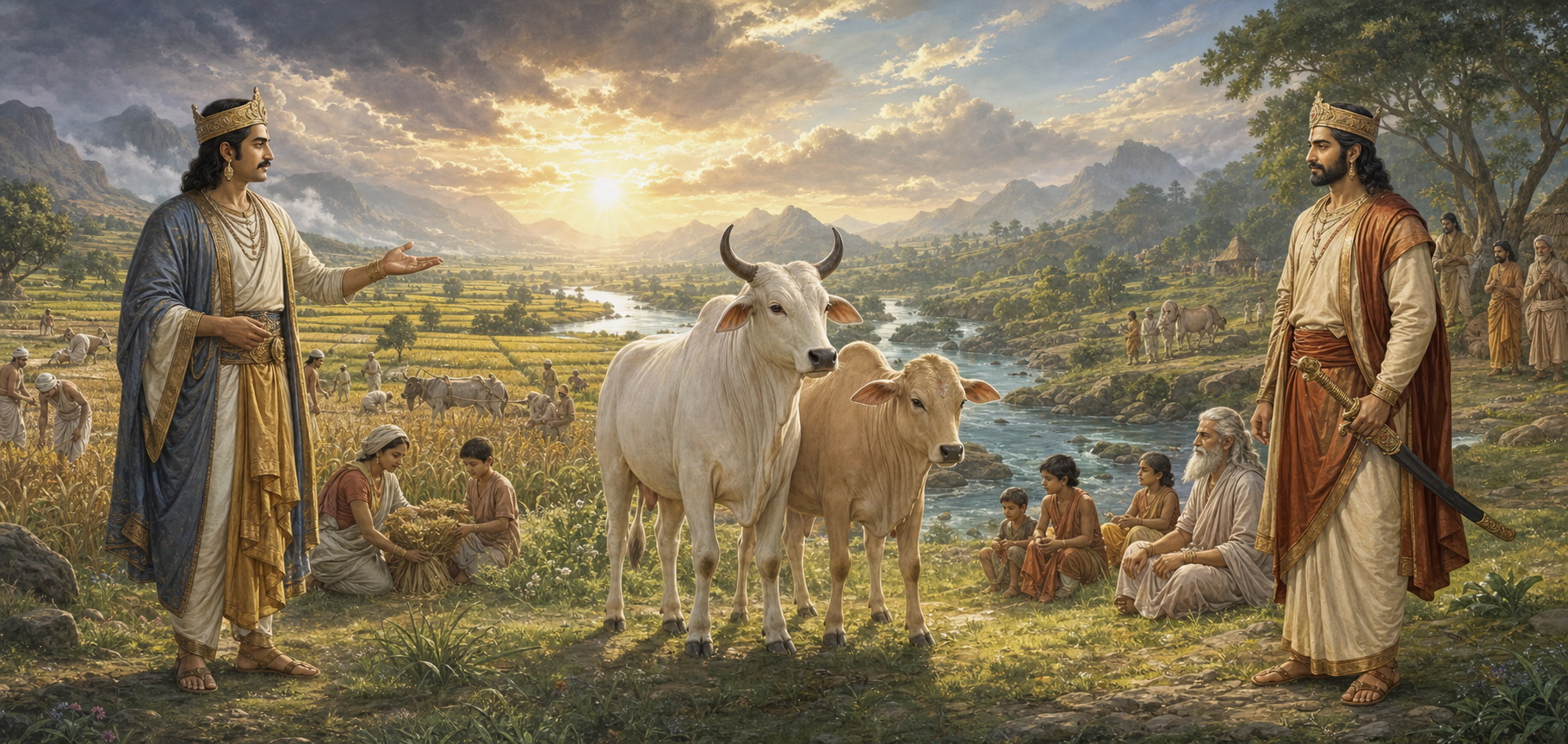 Maharaja Prithu and Maharaja Parikshit stand beside a white bull and a cow in a protected landscape of farms, rivers, animals, families, and sages.