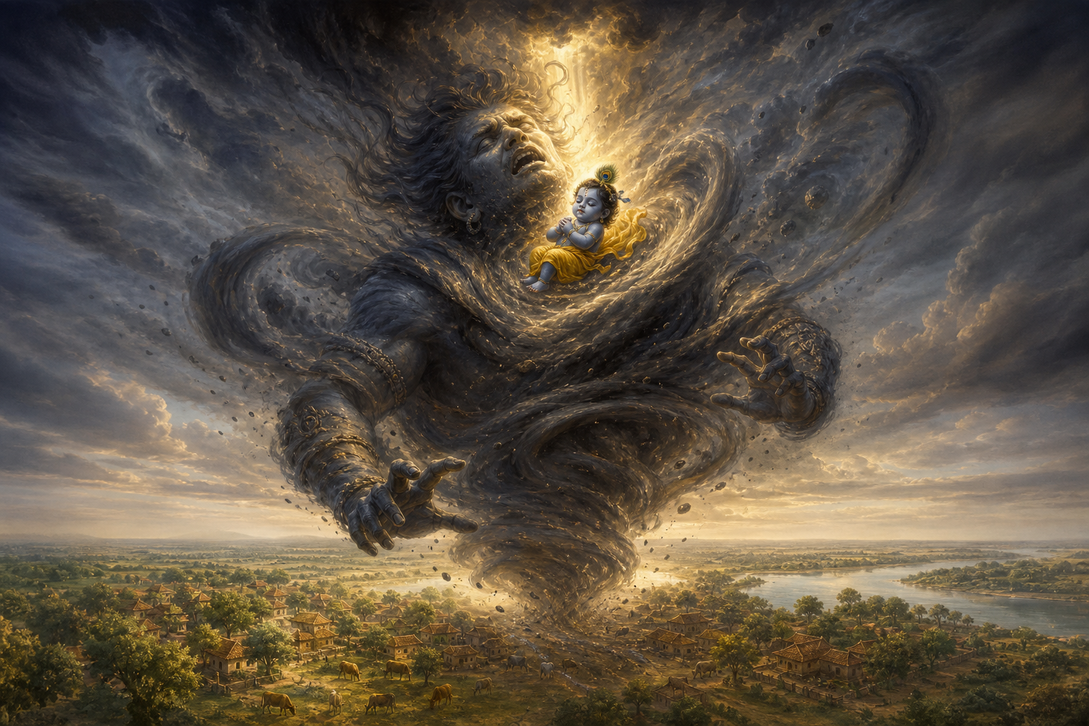Infant Krishna brings the dark whirlwind Trnavarta to a halt above the village of Vraja.