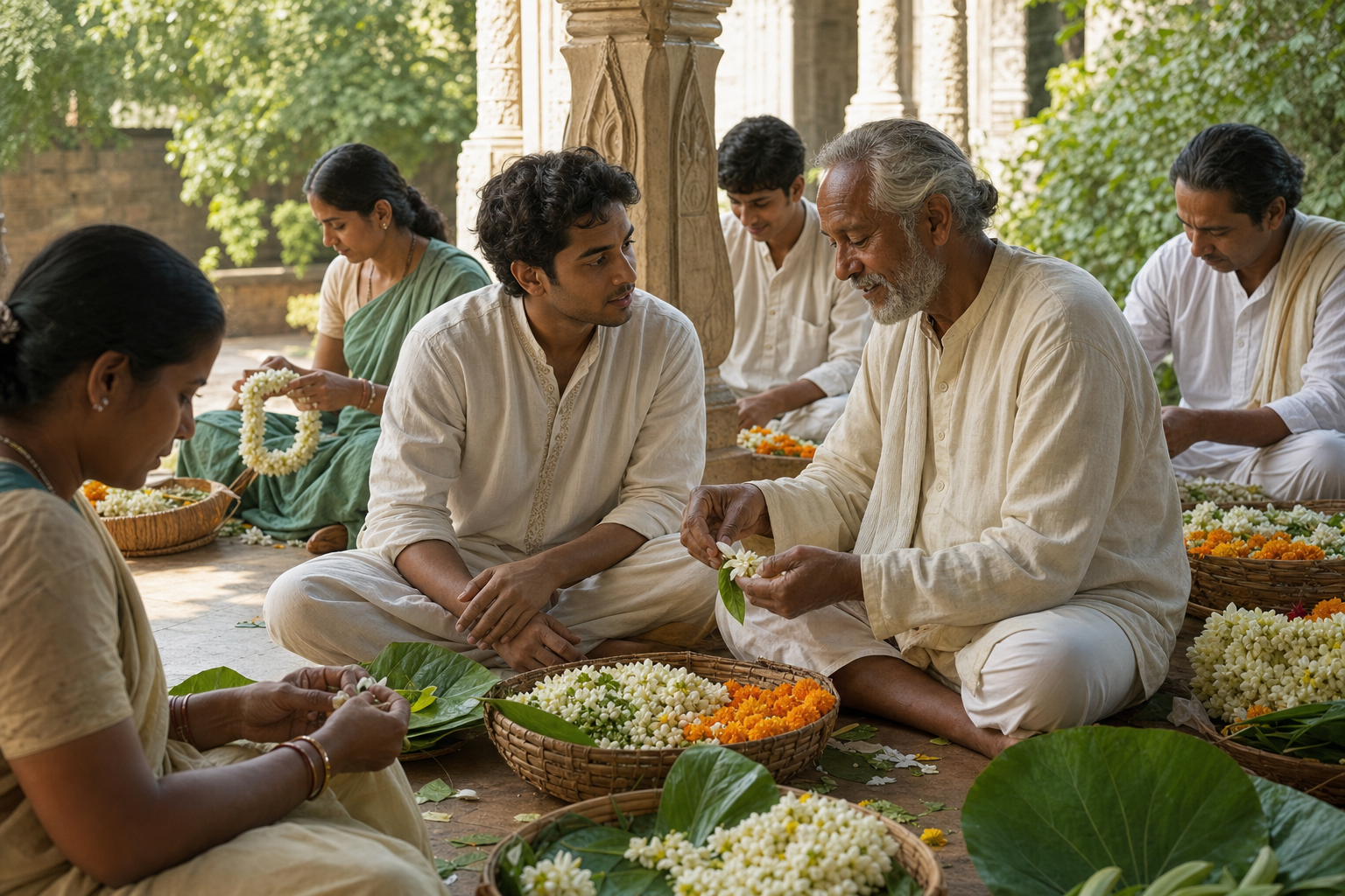 An older practitioner gently shows a younger devotee how to prepare a flower offering as others work nearby.