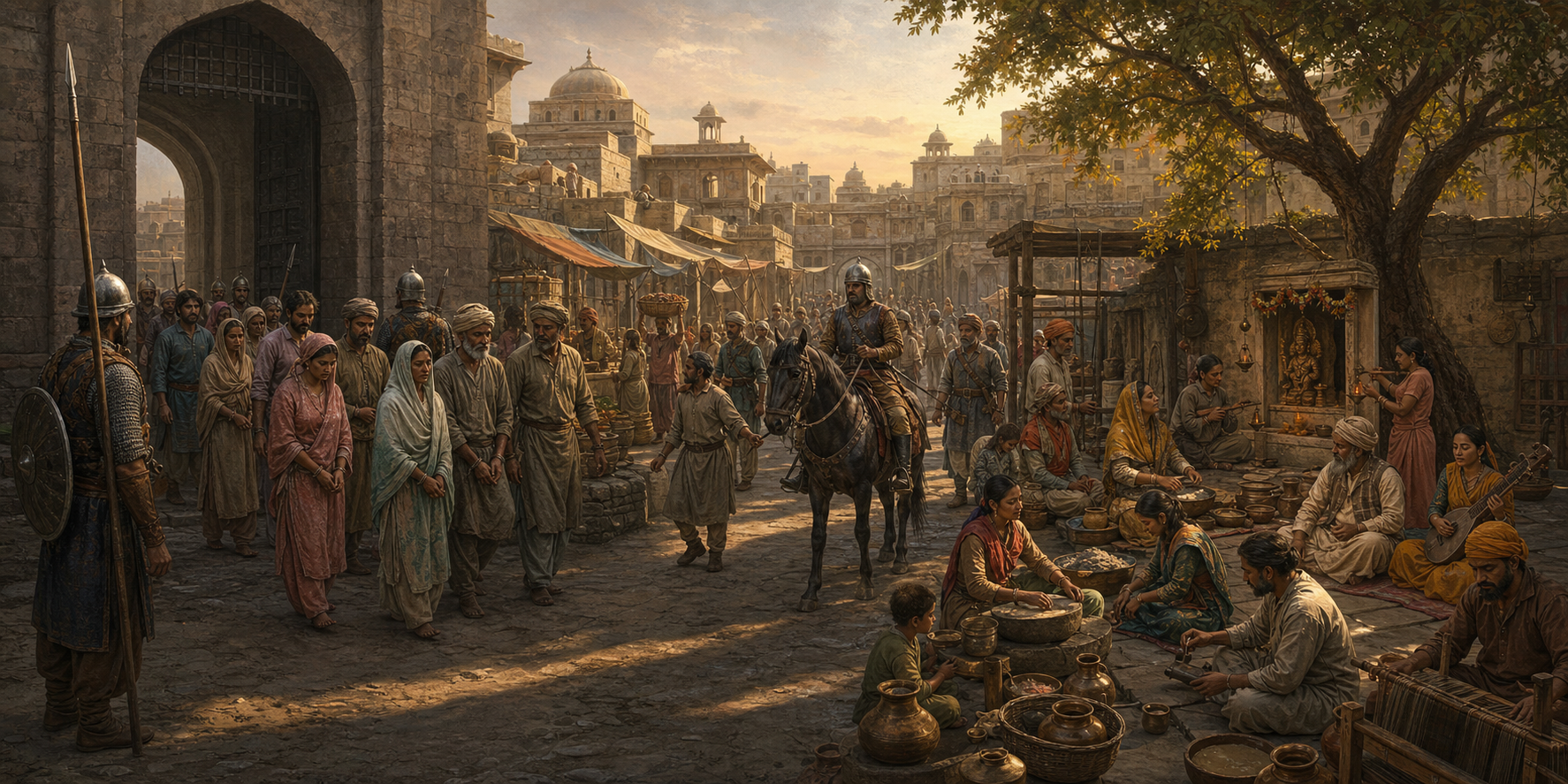Panoramic historical illustration showing war captives, household and court activity, and a community preserving crafts and traditions in a medieval Indian town.