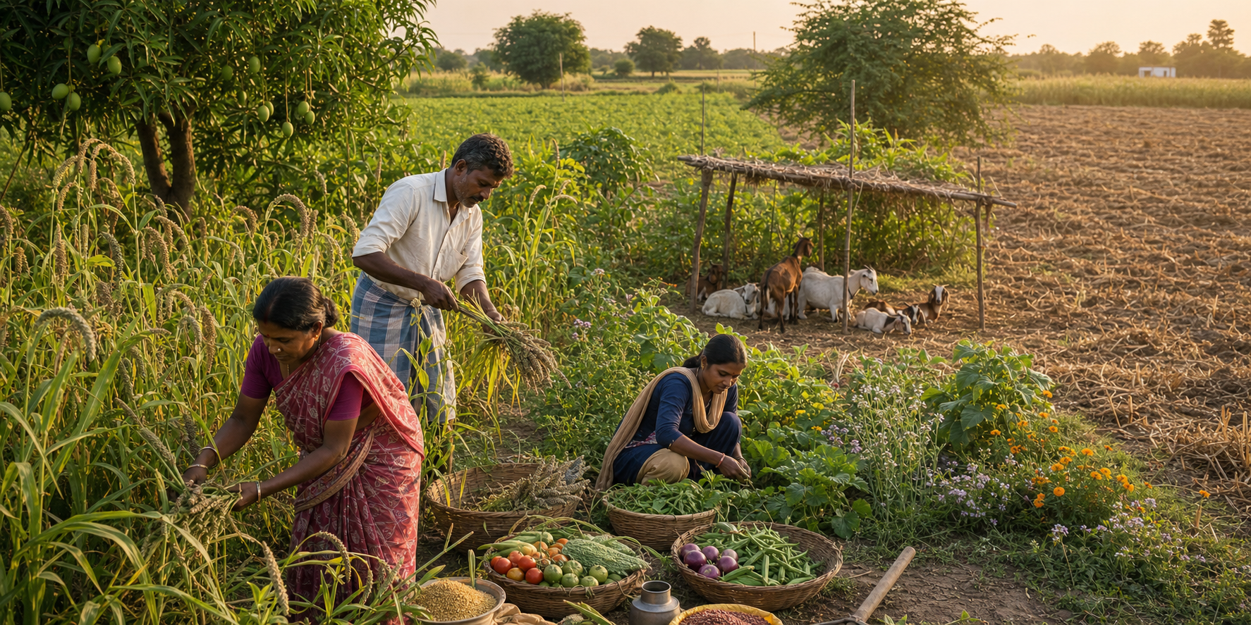 Farmers harvest millet, pigeon pea, and vegetables on a diversified farm with fruit trees and goats, while a nearby field shows drought stress.