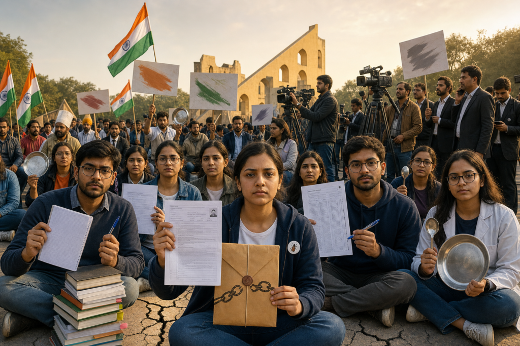 Indian medical aspirants stage a peaceful examination-accountability protest at Delhi’s Jantar Mantar, holding exam papers amid flags and media cameras.