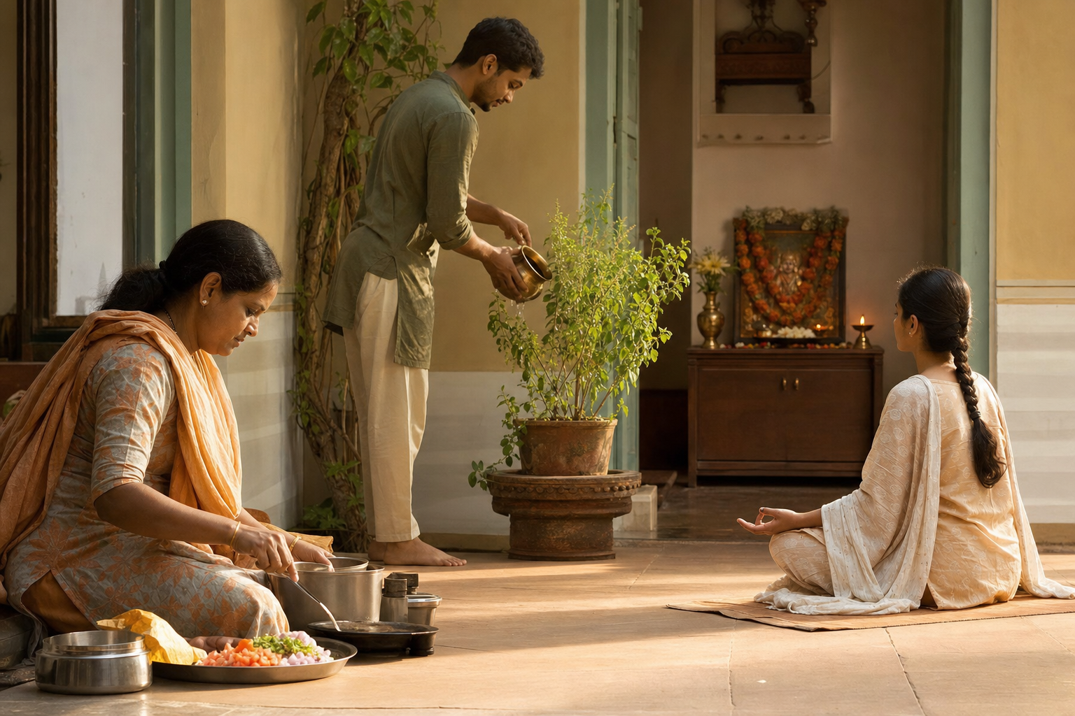 Three people cook, water a basil plant, and meditate in a household courtyard near a small flower-and-lamp altar.