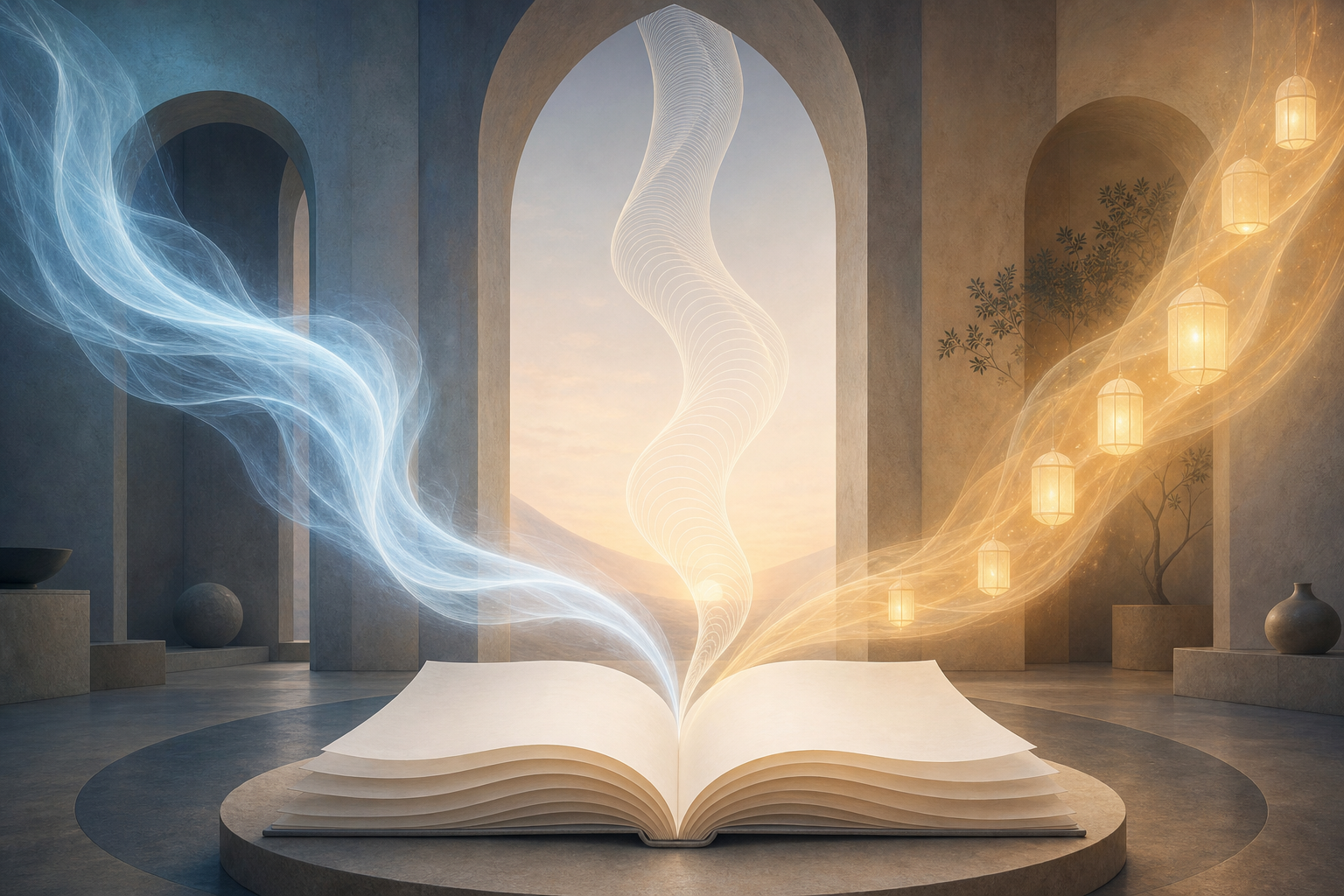 Three distinct translucent streams representing voice, rhythm, and illumination converge around an open book with blank pages.