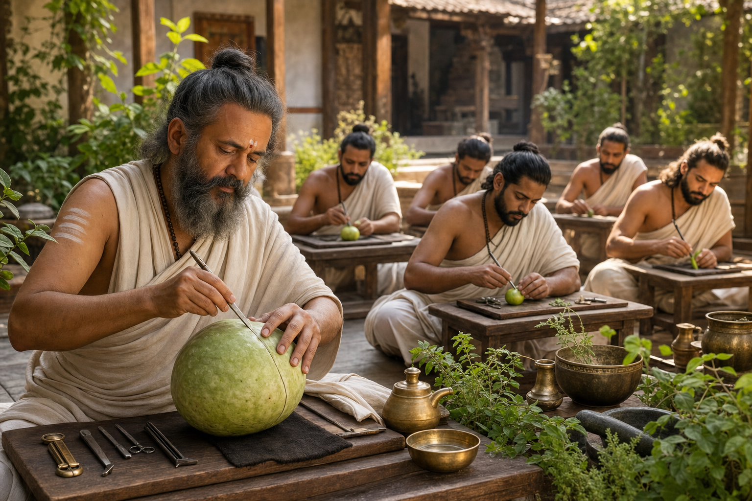 Historically inspired scene of an ancient Indian physician teaching students surgical hand skills by practicing controlled cuts on gourds and plant material.