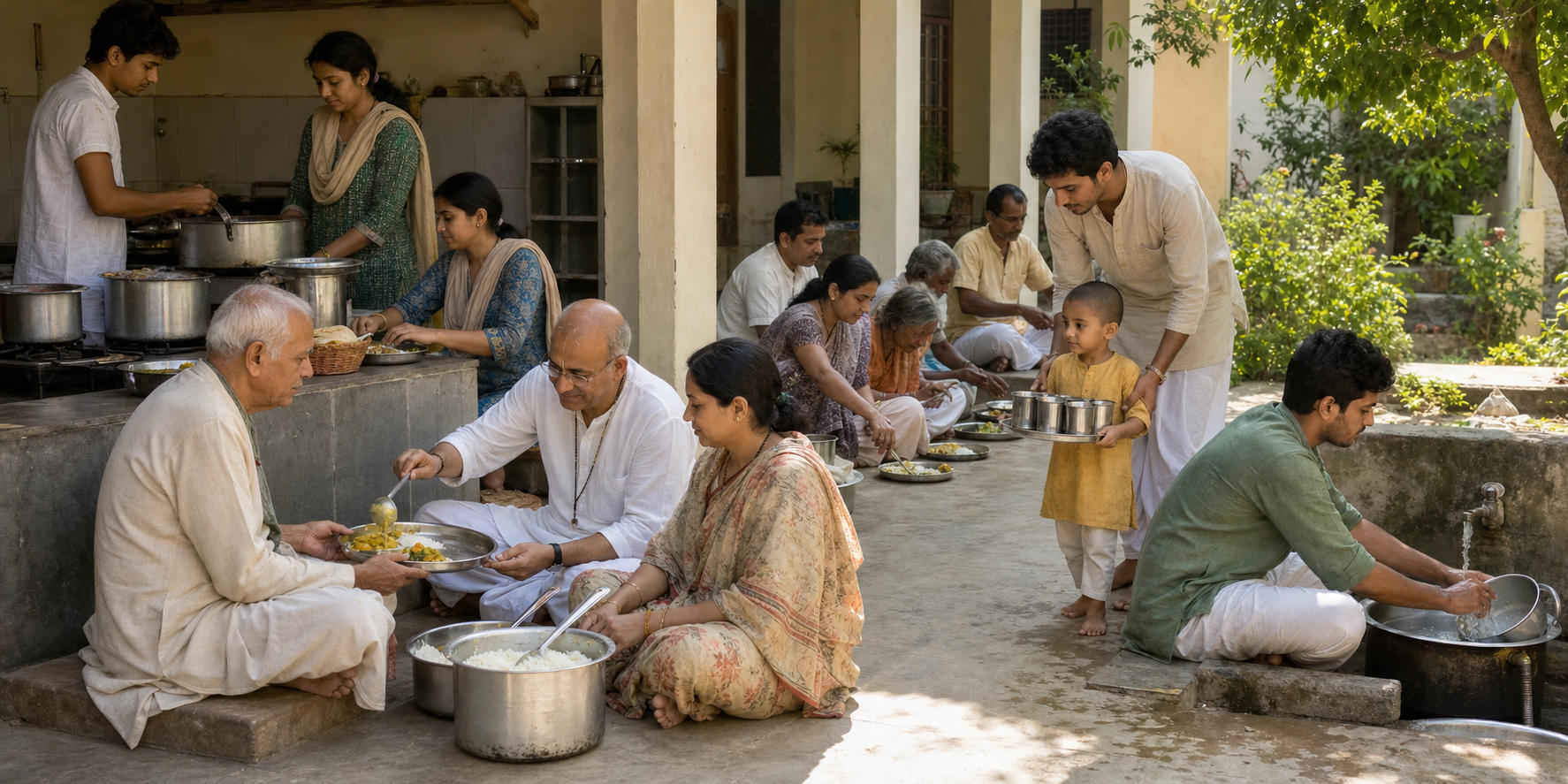 Devotees of different ages prepare, serve, and clean up a shared vegetarian meal in a community courtyard.