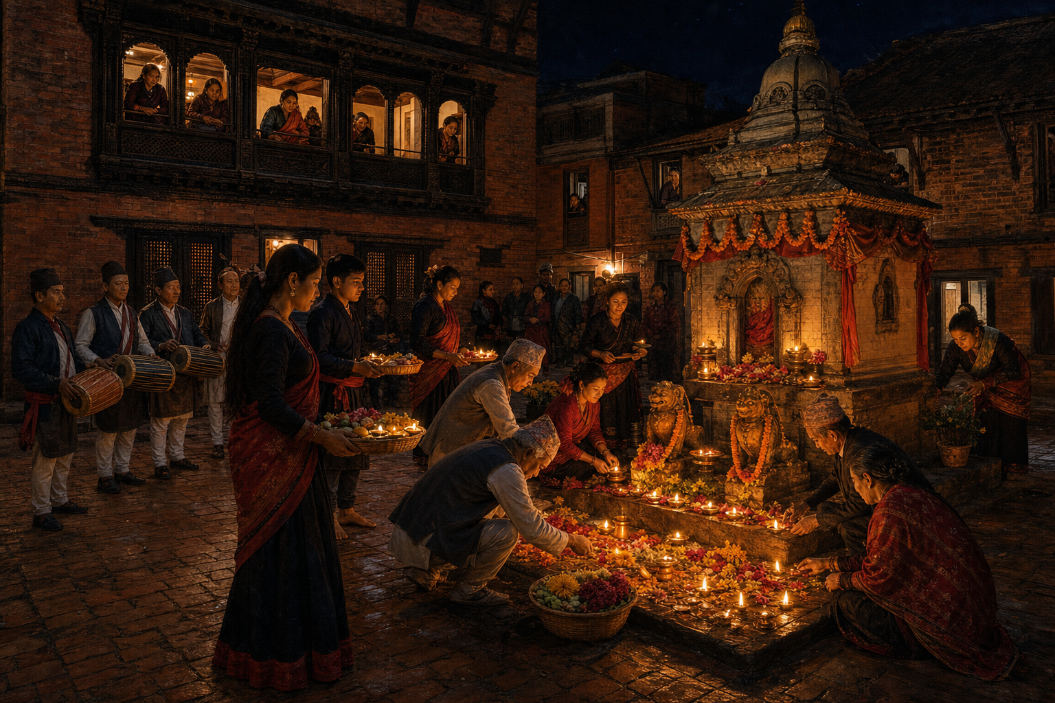 Residents of several generations prepare lamps and flower offerings around a guardian shrine in a traditional Newar courtyard at night.