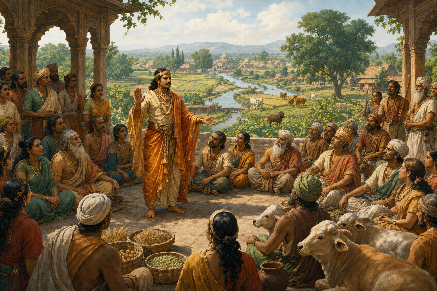 Maharaja Prithu instructs farmers, artisans, elders, and sages in a courtyard overlooking fields, irrigation channels, cattle, and villages.