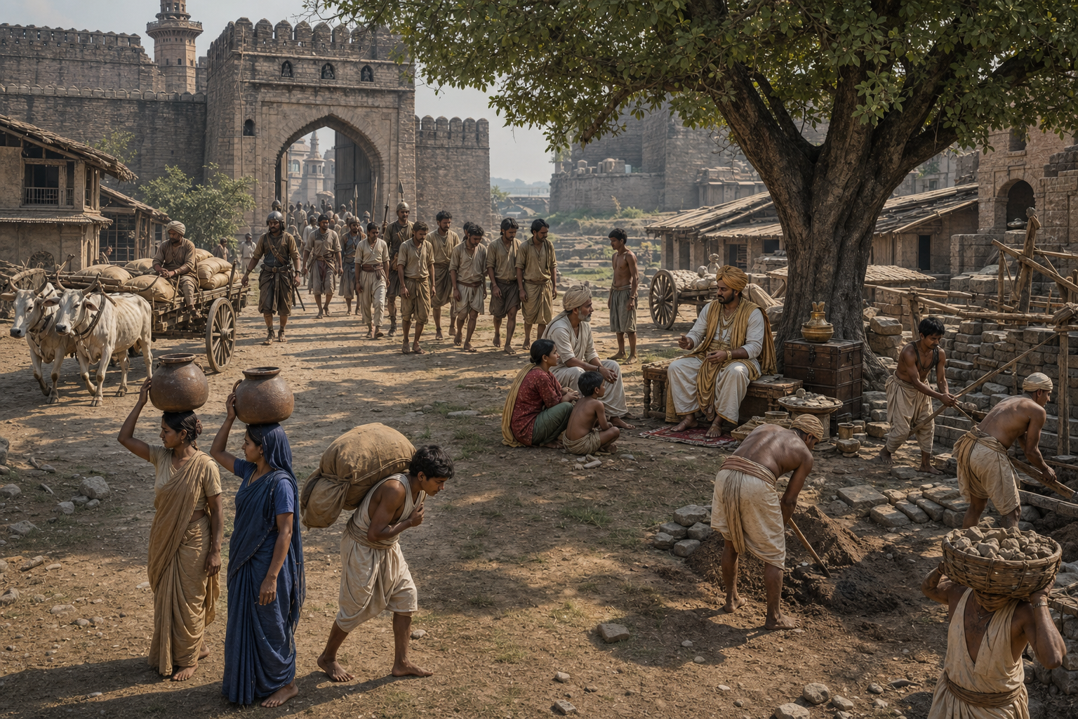 Reconstructed medieval Indian settlement with war captives, an indebted household, domestic servants, and laborers illustrating different routes into bondage.