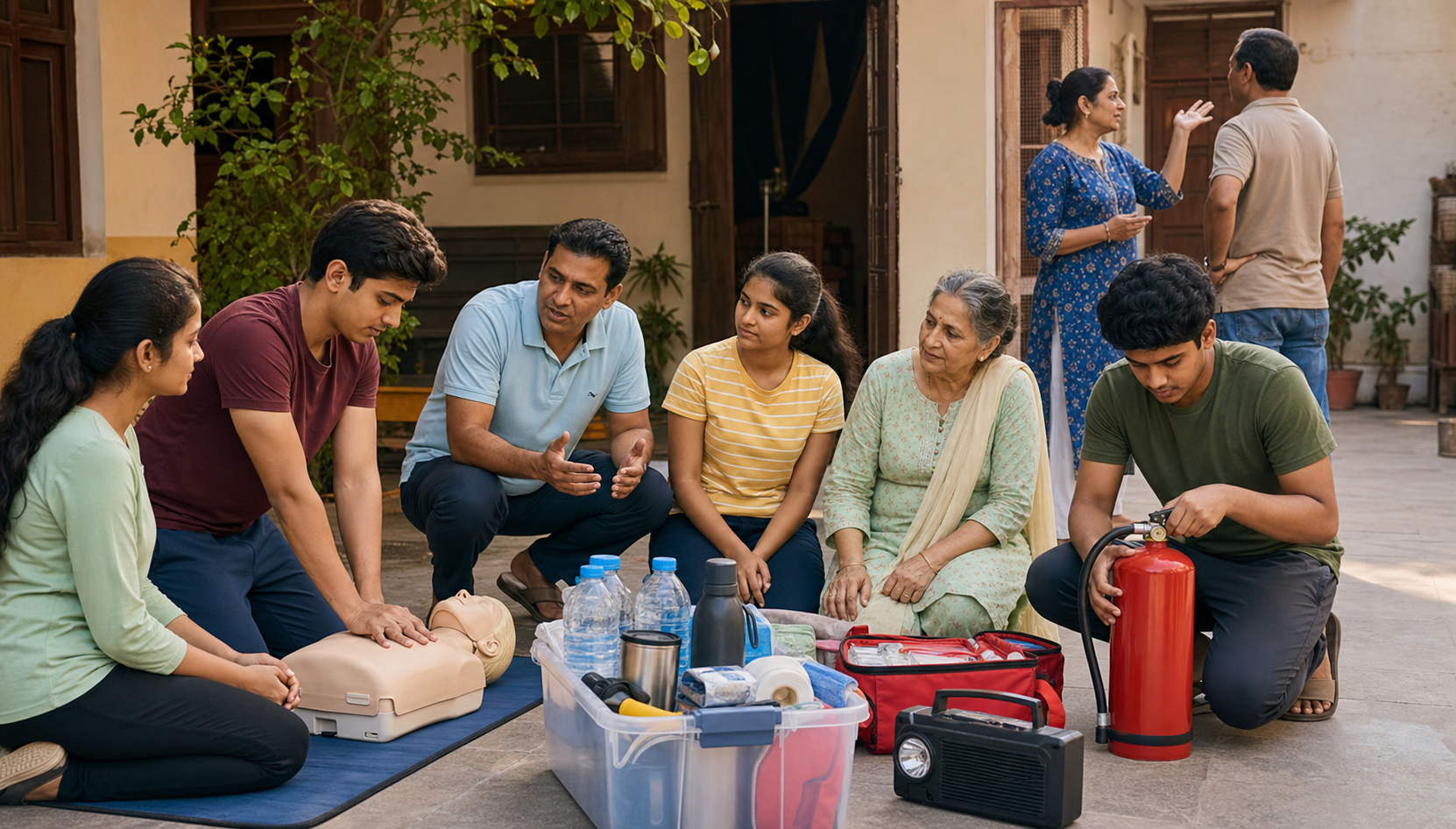 Families and young adults practice first aid and organize emergency supplies in a neighborhood courtyard.
