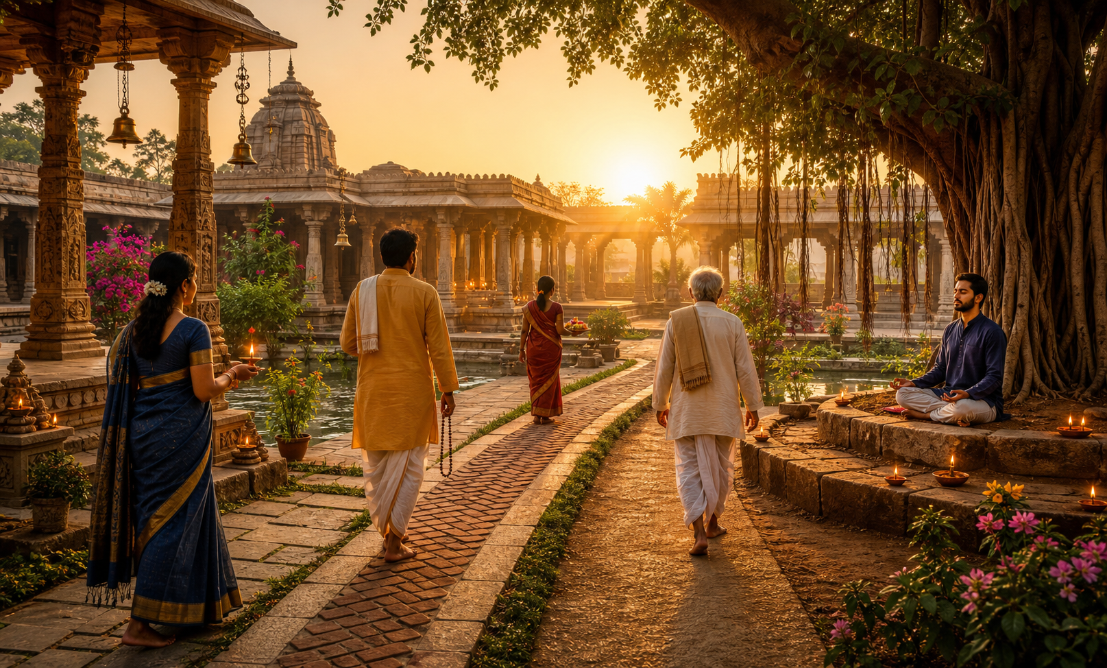 Devotees carrying lamps, flowers, and prayer beads follow different paths toward a sunlit temple courtyard beside a banyan tree.