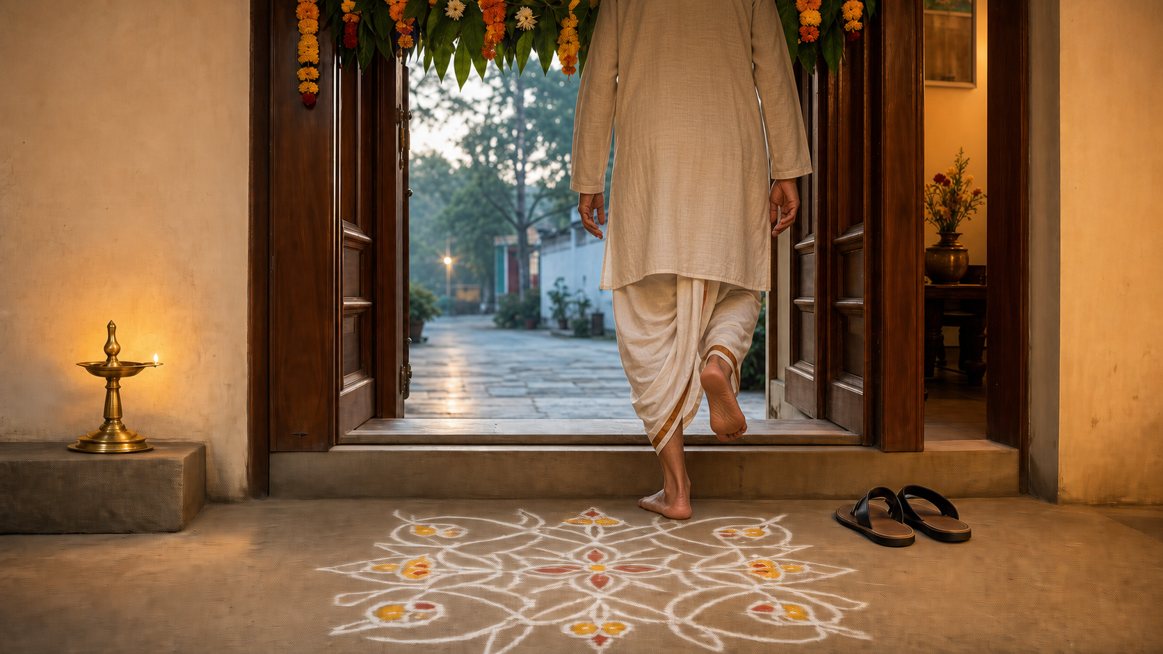 Barefoot adult in ivory clothing steps over a Hindu home’s decorated threshold beside a glowing brass lamp, kolam, and sandals.