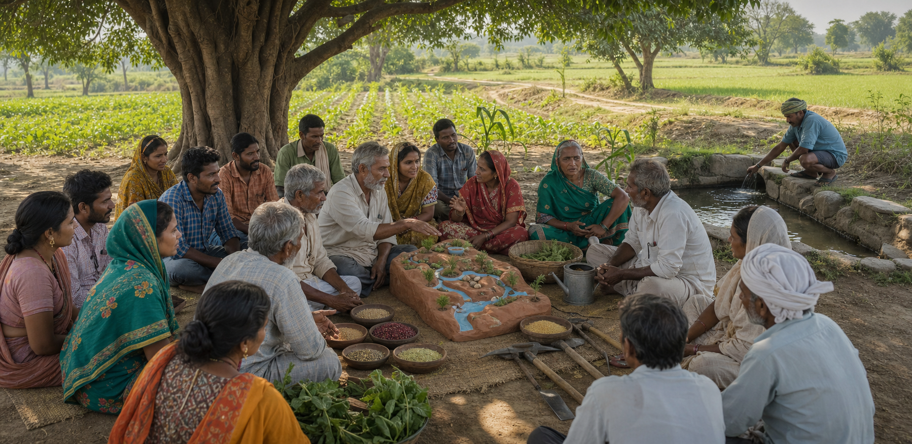 Women and men farmers meet in a circle around seeds and a clay watershed model beside a shared pond and cultivated fields.