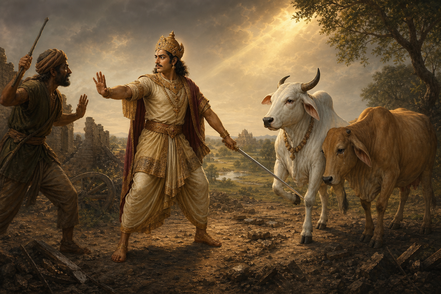 Maharaja Parikshit shields a one-legged white bull and a sorrowful cow as an armed aggressor recoils and begins to surrender.
