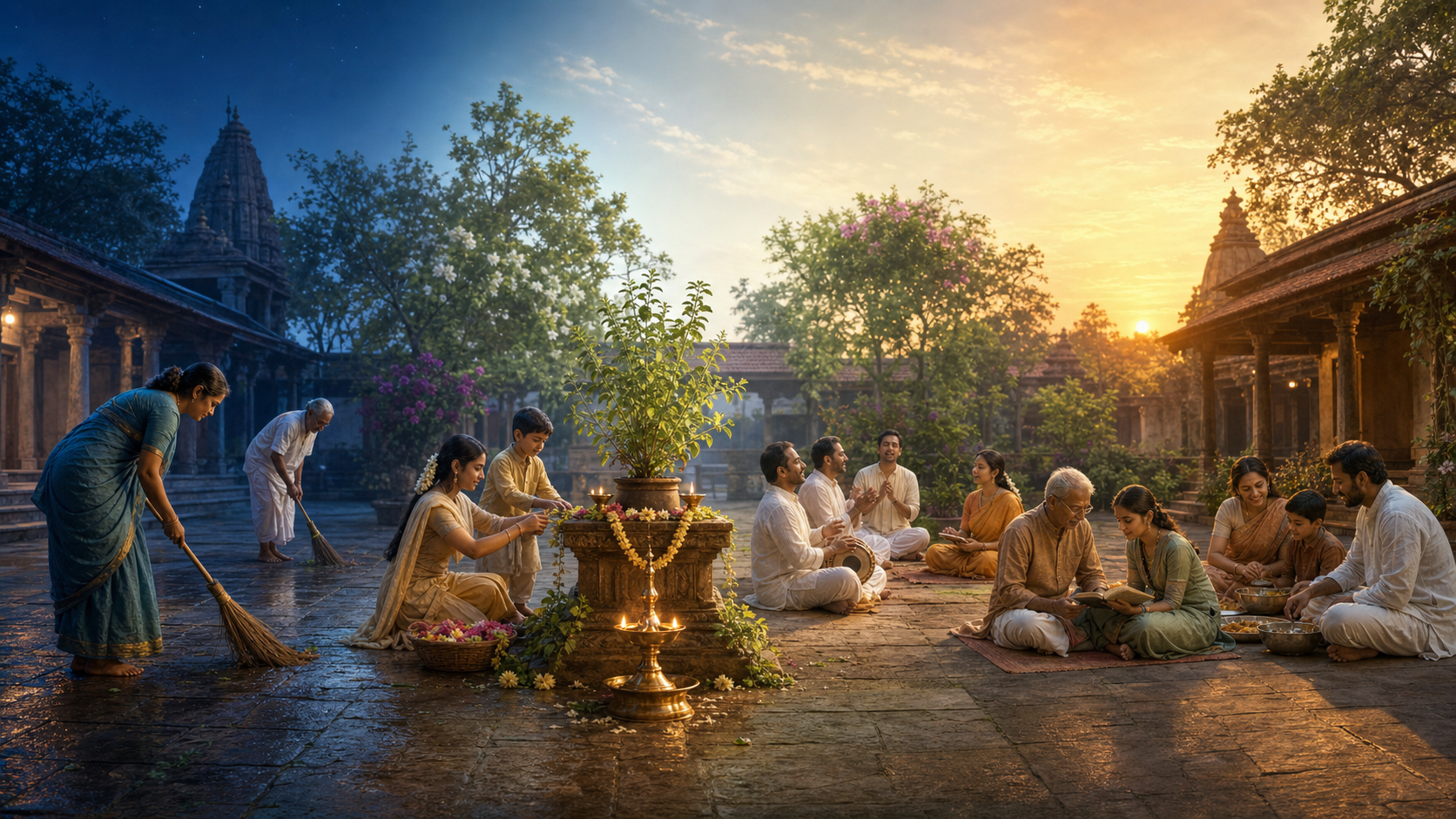 A temple courtyard shifts from predawn to evening as devotees clean, worship, study, and share food around the same altar.