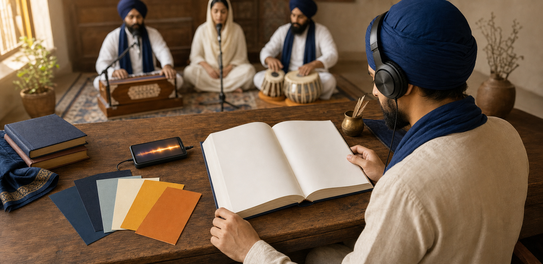 A reader studies blank layered pages with headphones and reference cards while Sikh musicians perform in the background.
