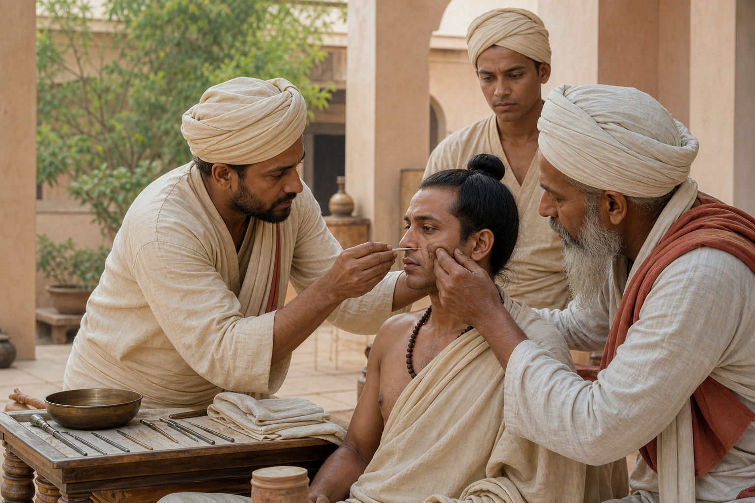 Non-graphic historical reconstruction of physicians preparing a cheek skin flap during an early nasal repair procedure.
