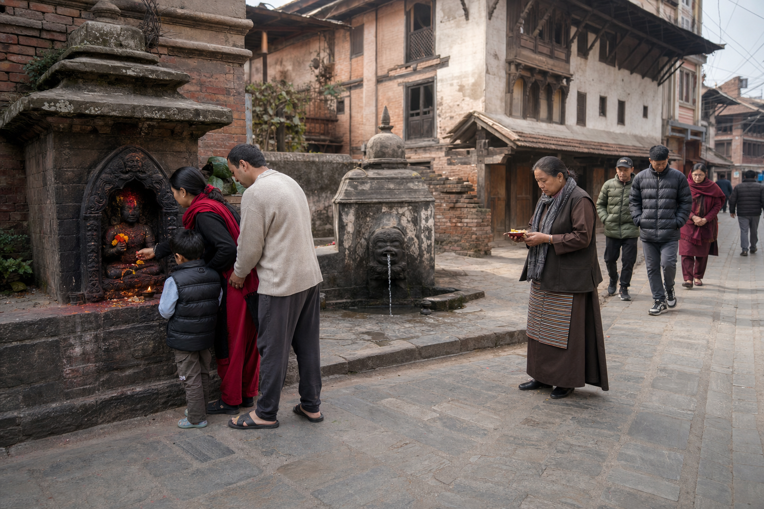 Hindu and Buddhist neighbors engage separately and respectfully near a guardian shrine and traditional water spout while other residents pass by.
