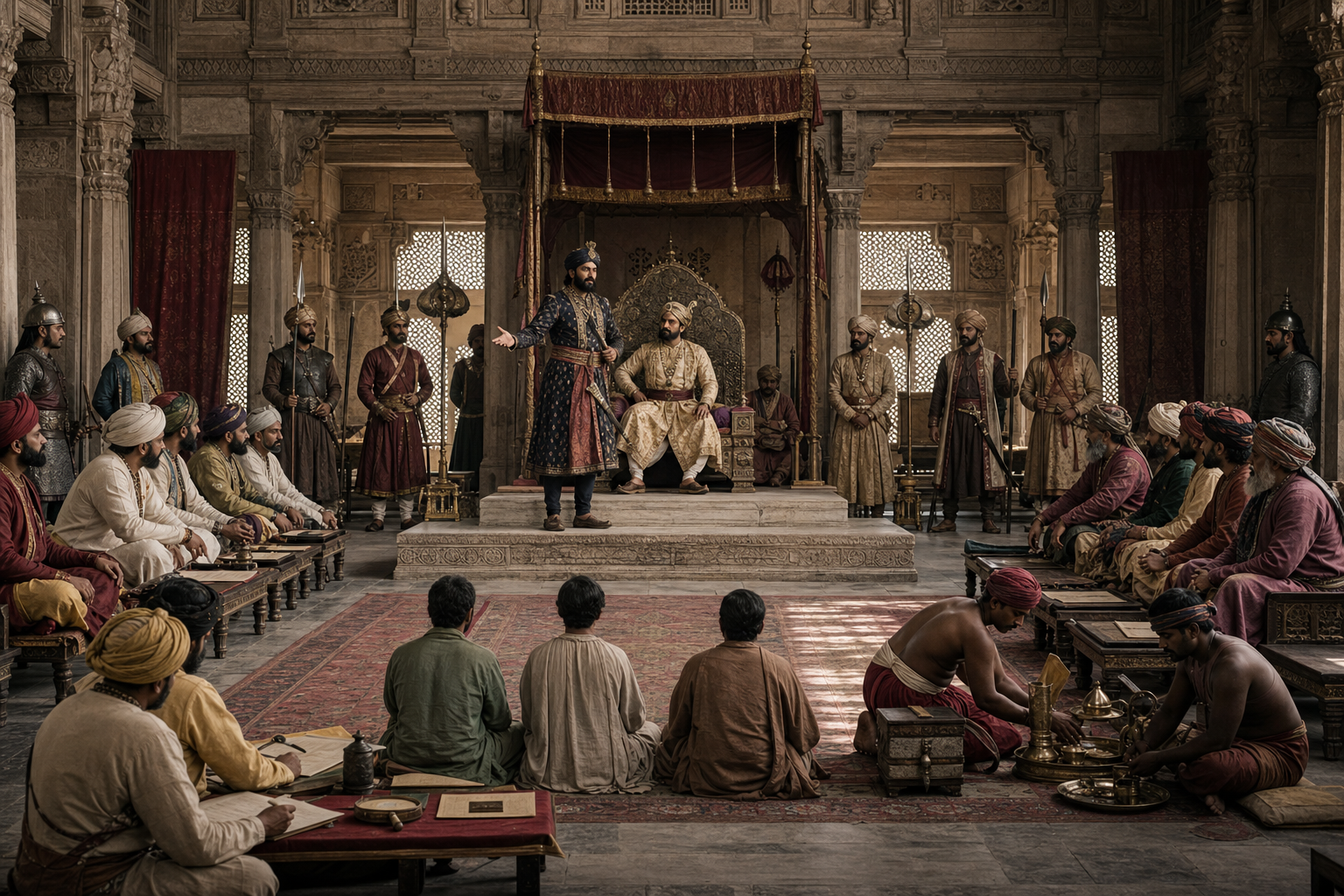 Medieval royal audience hall where a high-ranking military administrator directs officials while palace servants and attendants remain within a strict hierarchy.